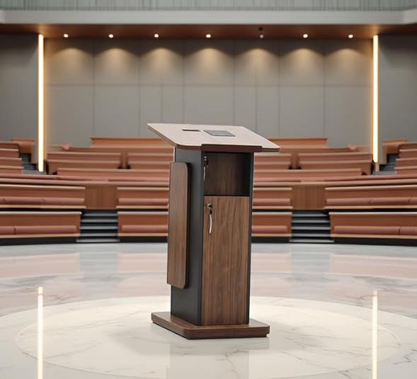 Wooden Podium Stand with Mic Holder //Lockable Wheels Modern with Storage Shelves for Office, Church, Classroom, Conference Room