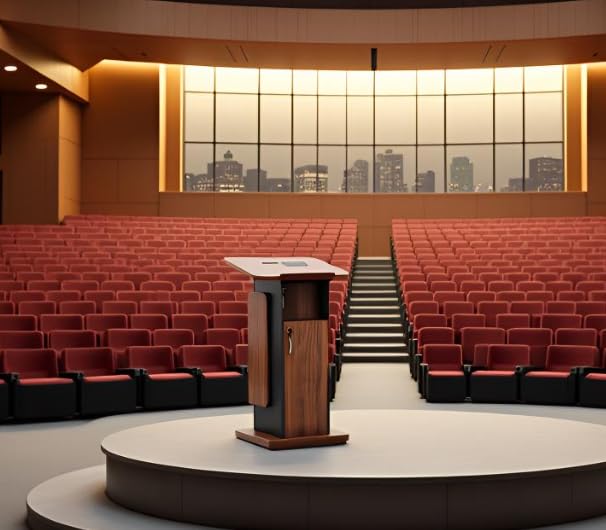 Wooden Podium Stand with Mic Holder //Lockable Wheels Modern with Storage Shelves for Office, Church, Classroom, Conference Room