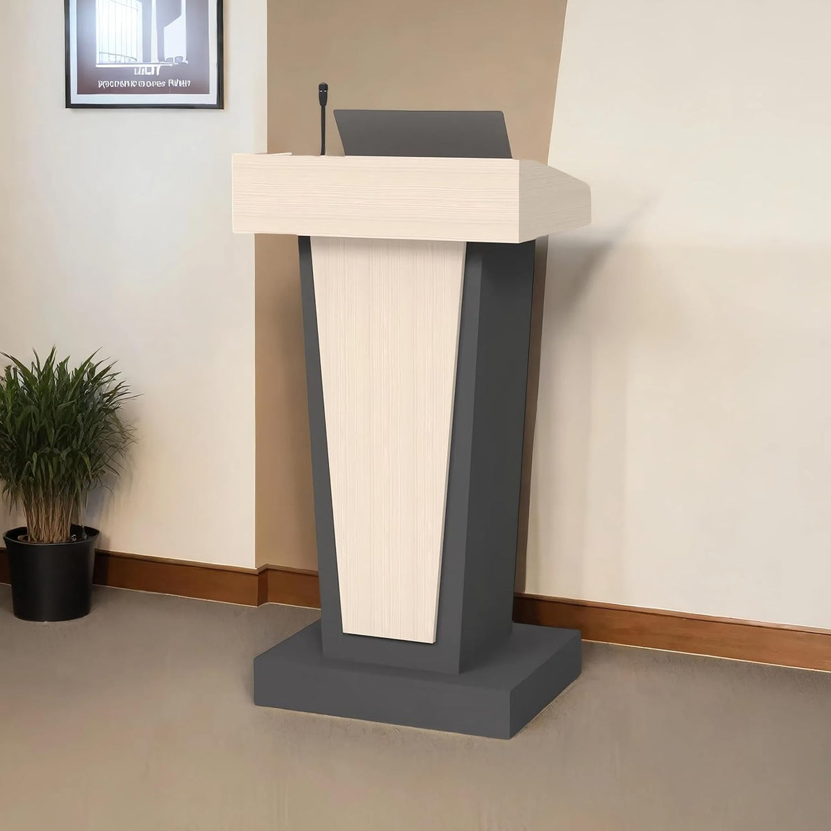 Eco Wooden Podium Stand with Mic & Footrest, Rolling Lectern with Storage, Light Wood & Black Finish, 23.6” Desktop, Built-in Cable Holes, Sturdy Base, Mobile Pulpit for Schools by OEM with 2yrs warranty
