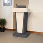 Eco Wooden Podium Stand with Mic & Footrest, Rolling Lectern with Storage, Light Wood & Black Finish, 23.6” Desktop, Built-in Cable Holes, Sturdy Base, Mobile Pulpit for Schools by OEM with 2yrs warranty