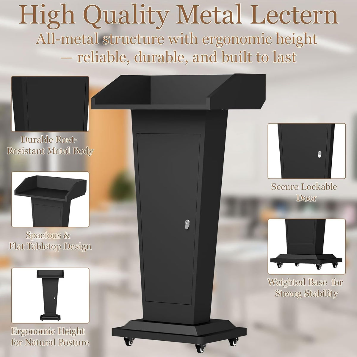 Heavy Duty Wooden Podium Stand with Mic & 4 Locking Wheels for Church, School, Office, and Conference, Large Lockable Storage Cabinet
