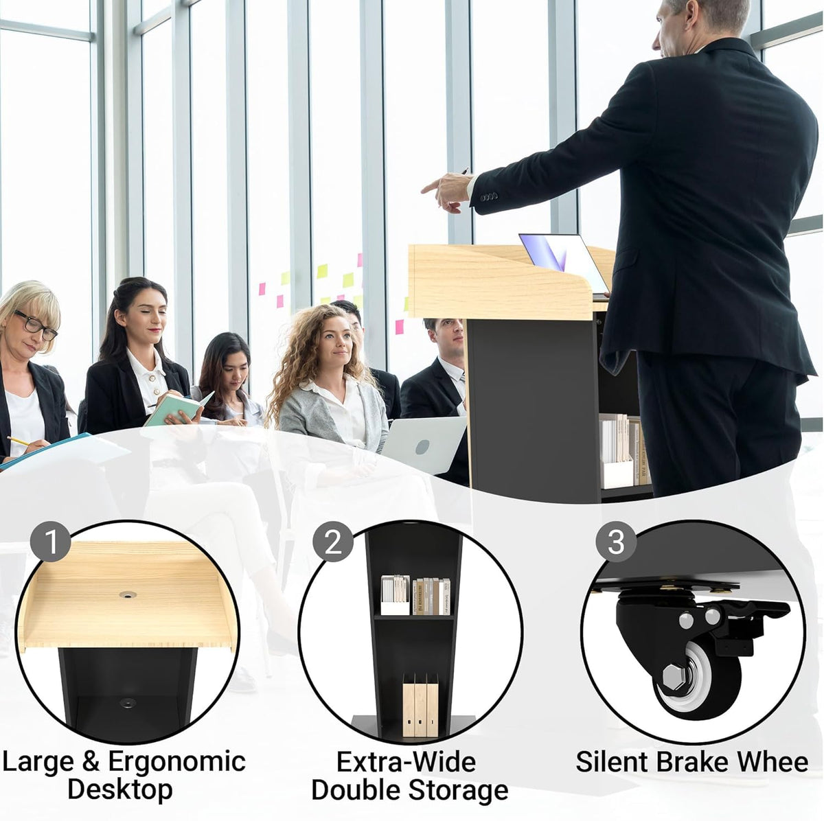 Eco Wooden Podium Stand with Mic & Footrest, Rolling Lectern with Storage, Light Wood & Black Finish, 23.6” Desktop, Built-in Cable Holes, Sturdy Base, Mobile Pulpit for Schools by OEM with 2yrs warranty