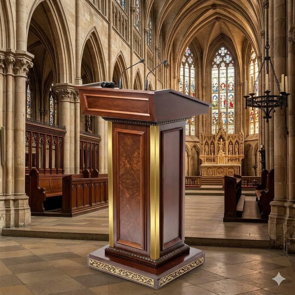 Golden Wooden Podium (Teak) with free Mic holder & storage shelf door// for Lectern Presentation Wedding Speech, for Church Classroom shell