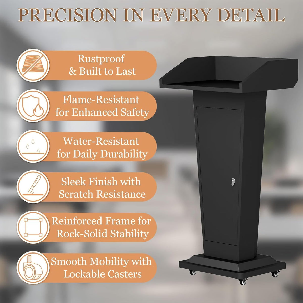 Heavy Duty Wooden Podium Stand with Mic & 4 Locking Wheels for Church, School, Office, and Conference, Large Lockable Storage Cabinet
