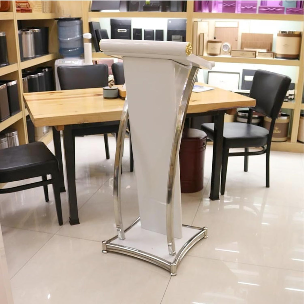 Heavy Duty White Wooden Steel Podium Stand with Mic Floor Standing Steel Podium Stand, Conference Restaurant Pulpit Podium
