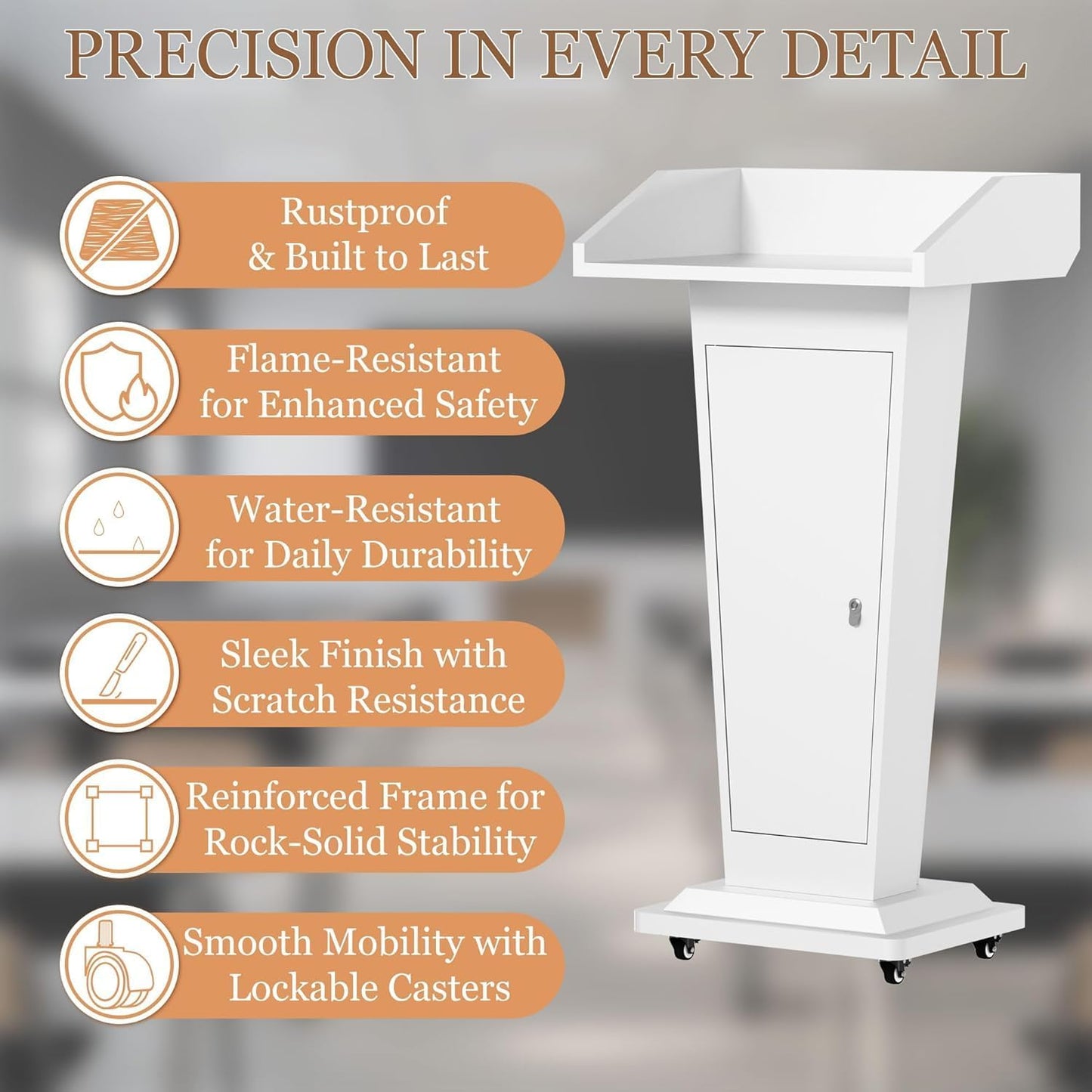 Wooden Podium Stand with Mic & 4 Locking Wheels, Heavy-Duty Metal Lectern for Church, School, Office, and Conference, Large Lockable Storage Cabinet, 43.7" H, Black (White)