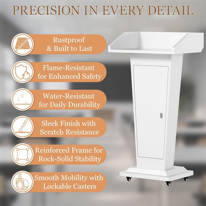 Wooden Podium Stand with Mic & 4 Locking Wheels, Heavy-Duty Metal Lectern for Church, School, Office, and Conference, Large Lockable Storage Cabinet, 43.7" H, Black (White)