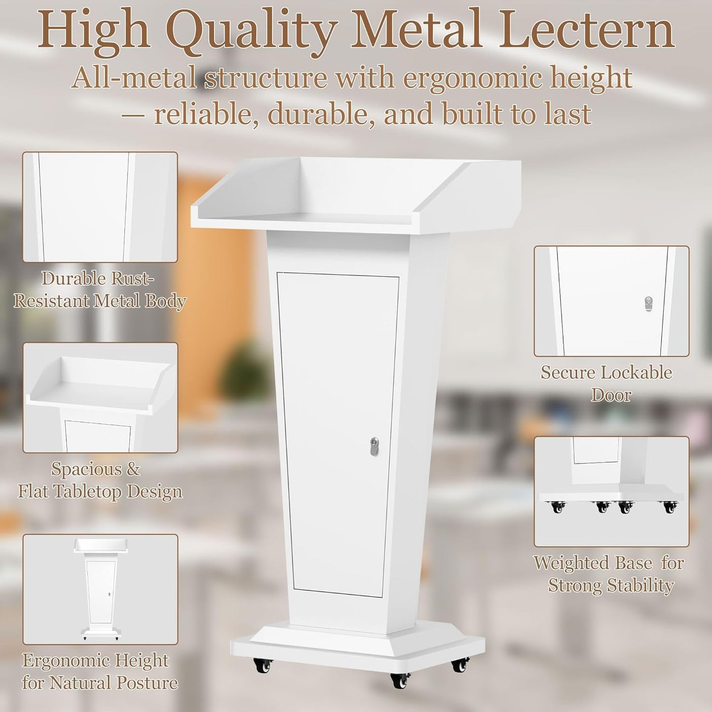 Wooden Podium Stand with Mic & 4 Locking Wheels, Heavy-Duty Metal Lectern for Church, School, Office, and Conference, Large Lockable Storage Cabinet, 43.7" H, Black (White)