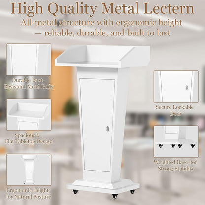 Wooden Podium Stand with Mic & 4 Locking Wheels, Heavy-Duty Metal Lectern for Church, School, Office, and Conference, Large Lockable Storage Cabinet, 43.7" H, Black (White)