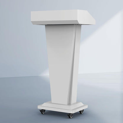Wooden Podium Stand with Mic & 4 Locking Wheels, Heavy-Duty Metal Lectern for Church, School, Office, and Conference, Large Lockable Storage Cabinet, 43.7" H, Black (White)