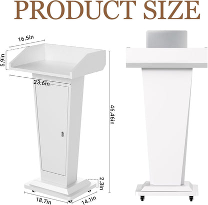 Wooden Podium Stand with Mic & 4 Locking Wheels, Heavy-Duty Metal Lectern for Church, School, Office, and Conference, Large Lockable Storage Cabinet, 43.7" H, Black (White)